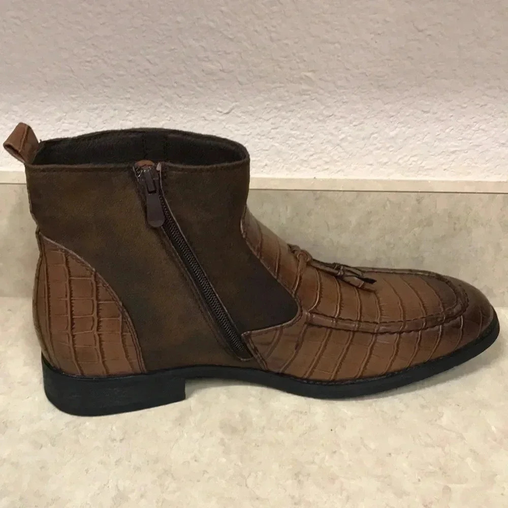 Chukka Brown‎ Two Tone PU Leather Alligator Tassel Ankle Boots - Picture 8 of 12